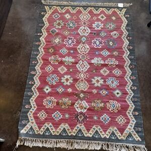 Vtg Hand Knotted Wool Turkish Kilim Rug Red Tribal 3.6x5.6 Ft Flat Weave